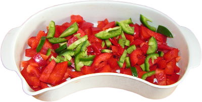 papryka s�odka pokrojona w kosteczk�, papryka chili zielona i czerwona, pojemnik plastikowy do gotowania na parze